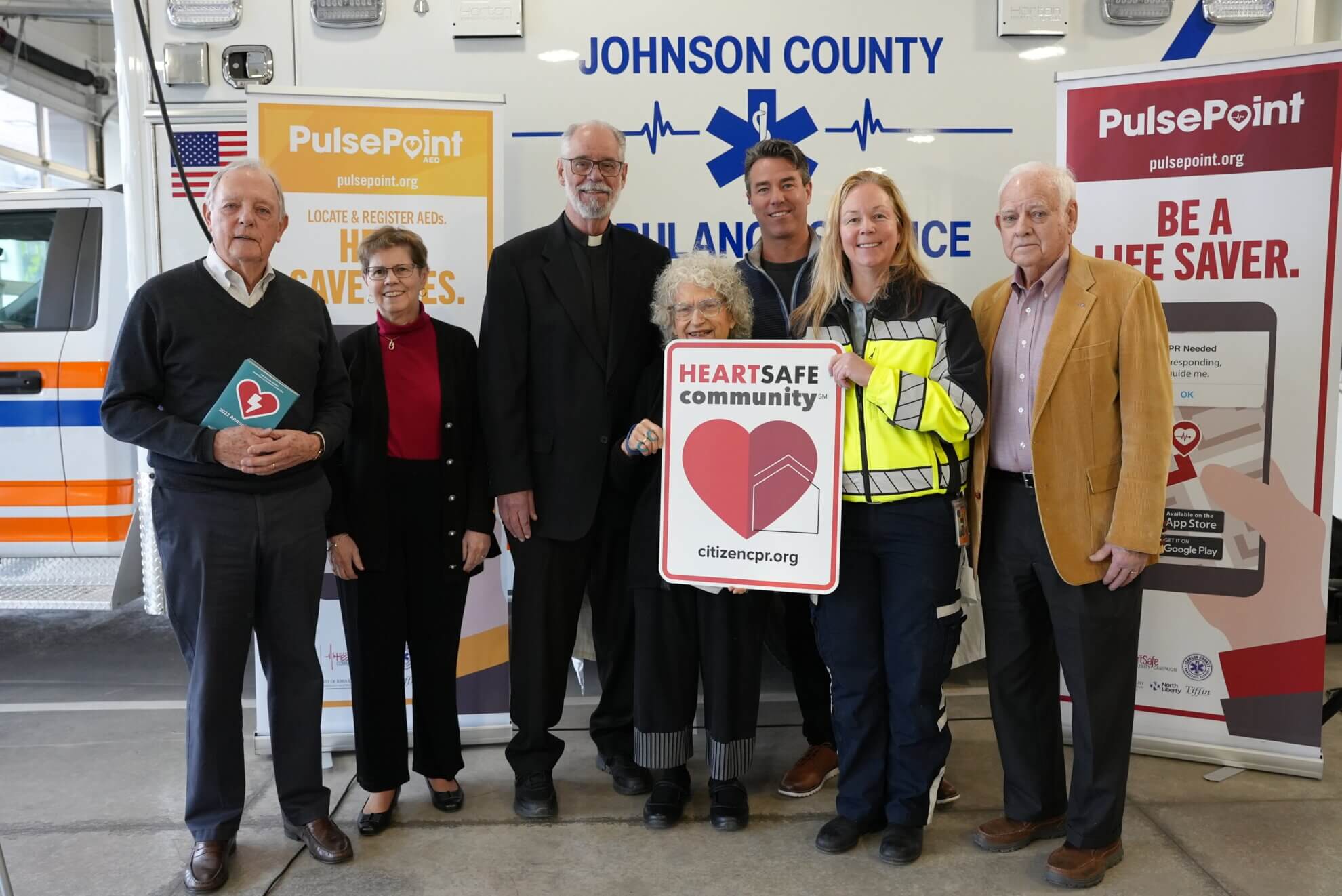 Members of the Rotary-Kerber HeartSafe Community Campaign committee announcing Johnson County is a HeartSafe Community